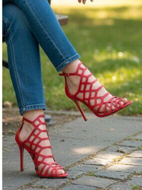 Red Strappy High Heeled Sandals With Cutout Design & Adjustable Buckle Chic Even